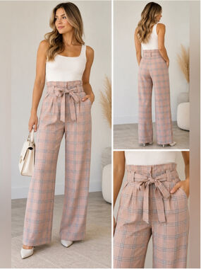 12 Rue Colette High-Rise Plaid Paperbag Wide-Leg Pants - Blush Size S Preppy
